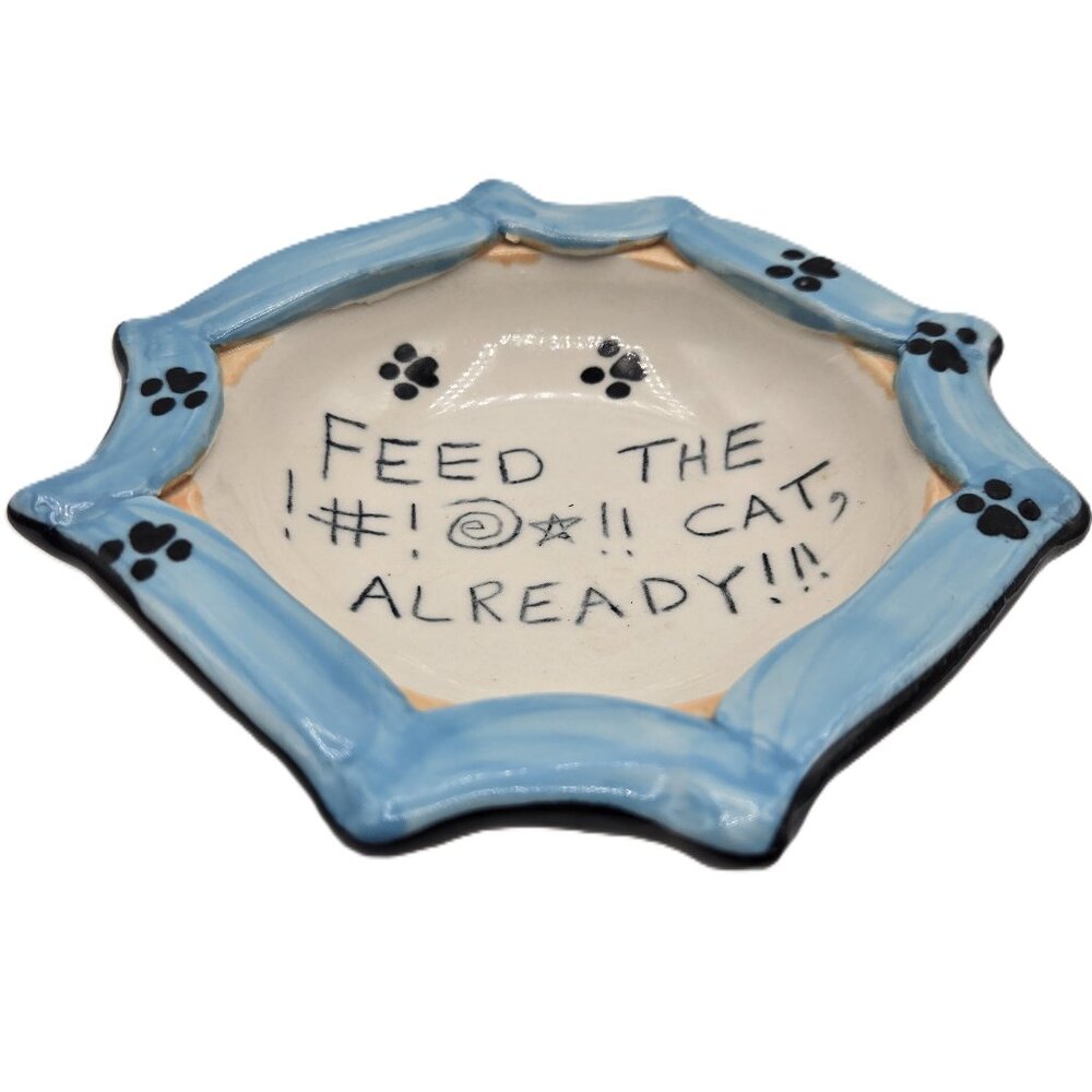Feed The Kitty Cat Already Dish Bowl Blue White Paw Prints Artist Signed